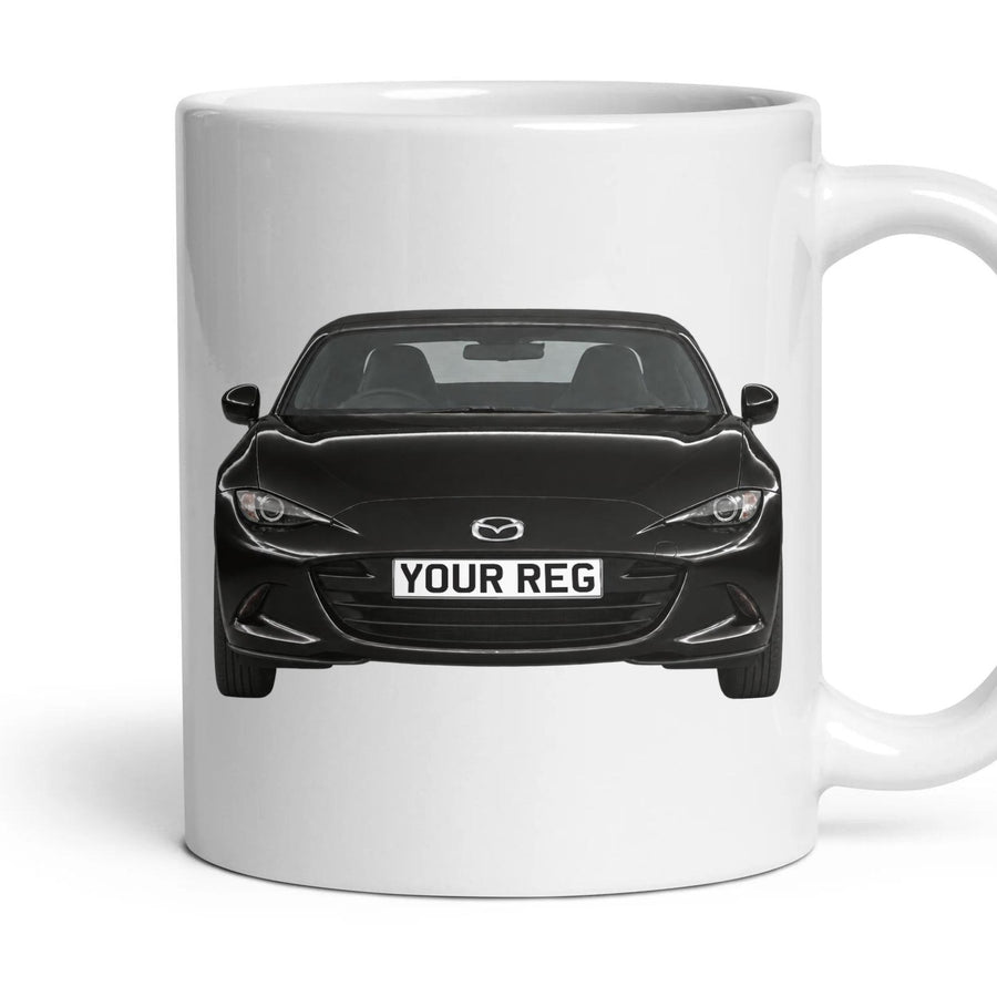 Mazda MX-5 Personalised Number Plate Mug - Jet Black Mica - Front & Rear mug, 11oz white ceramic, Jet Black Mica, handle right