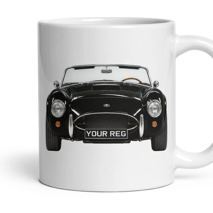 AC Cobra Personalised Number Plate Mug - Raven Black - Front & Rear mug, 11oz white ceramic, Raven Black, handle right