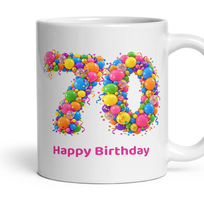 Party Balloon Birthday Mug mug, 11oz white ceramic, 70th, handle right