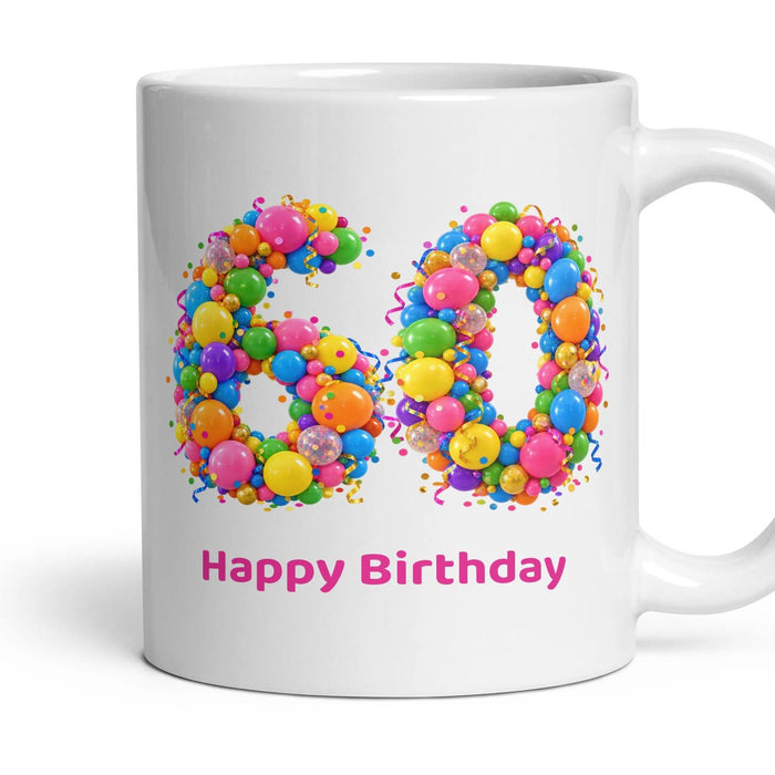 Party Balloon Birthday Mug mug, 11oz white ceramic, 60th, handle right