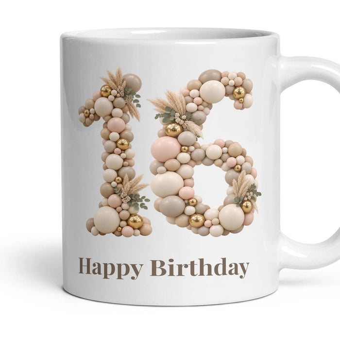 Neutral Garland Balloon Birthday Mug mug, 11oz white ceramic, 16th, handle right