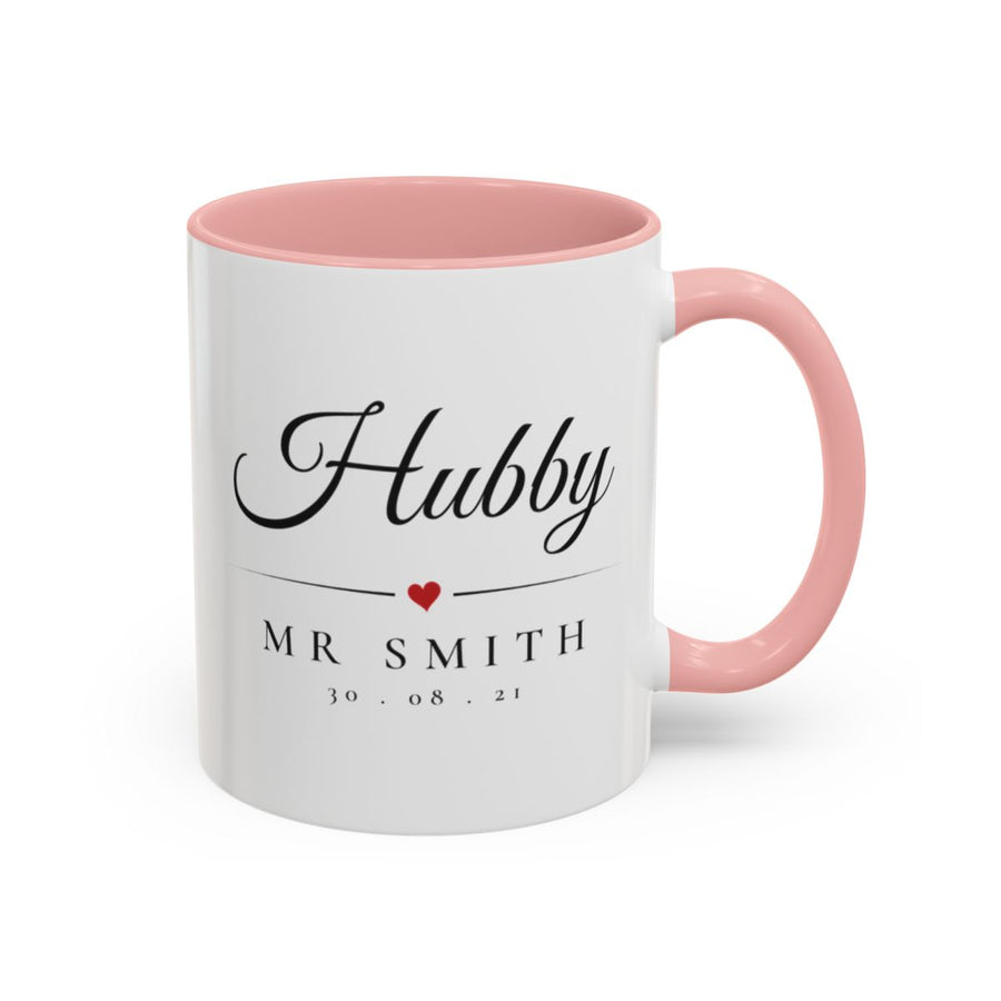 Hubby Newlywed Mug mug, 11oz white ceramic, pink handle and interior, handle right