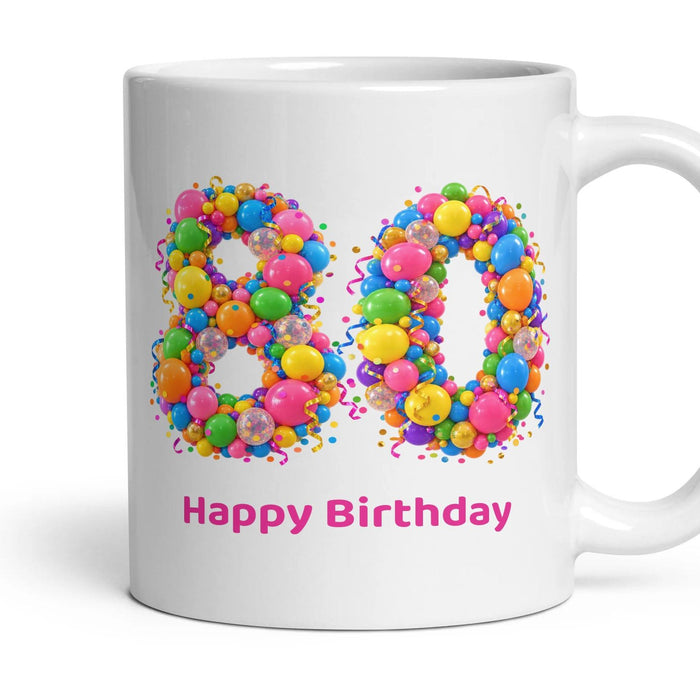 Party Balloon Birthday Mug mug, 11oz white ceramic, 80th, handle right