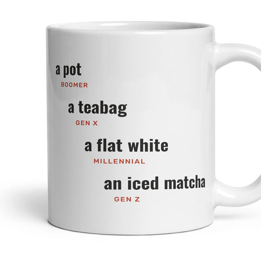 Tea: a pot, a teabag, a flat white, an iced matcha mug, 11oz white ceramic, handle right