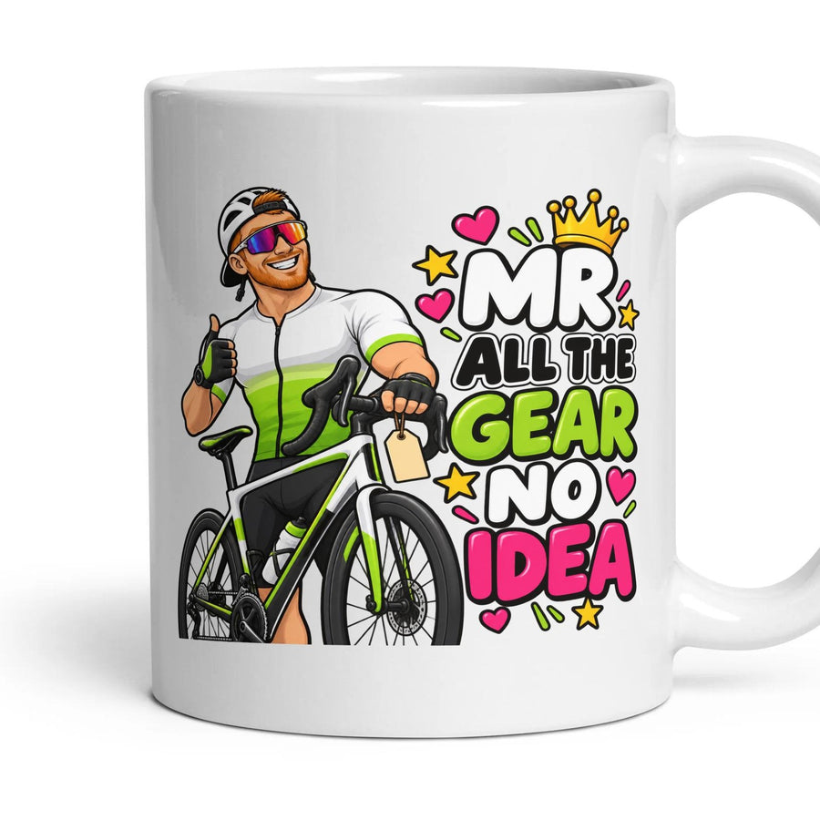 Mr All The Gear No Idea mug, 11oz white ceramic, handle right