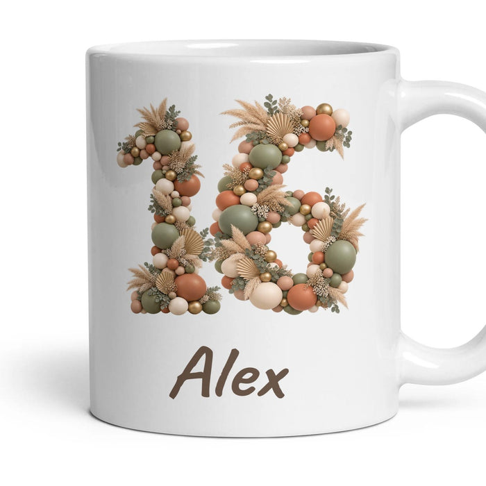 Personalised 16th Birthday Balloon Mug mug, 11oz white ceramic, Boho Sage & Terracotta, handle right