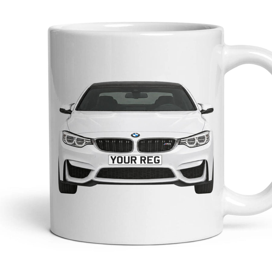 BMW M4 F82 Personalised Number Plate Mug - Alpine White - Front & Rear mug, 11oz white ceramic, Alpine White, handle right
