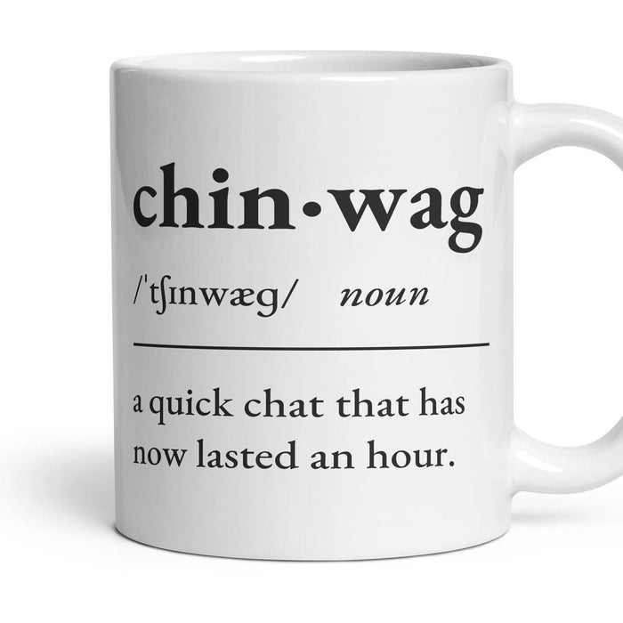 Chinwag mug, 11oz white ceramic, handle right