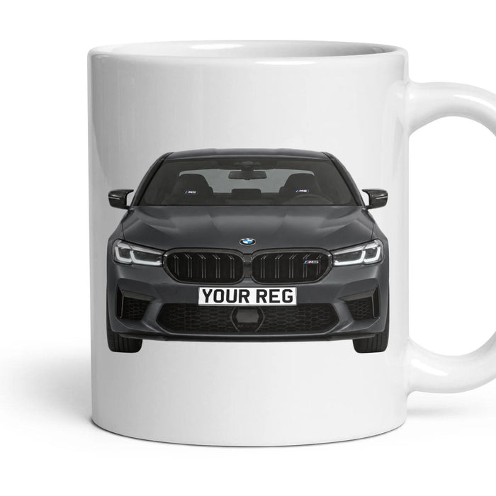BMW M5 Competition Personalised Number Plate Mug - Frozen Deep Grey - Front & Rear mug, 11oz white ceramic, Frozen Deep Grey, handle right