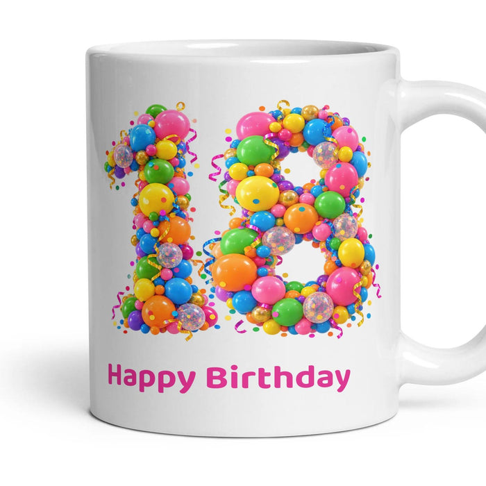Party Balloon Birthday Mug mug, 11oz white ceramic, 18th, handle right