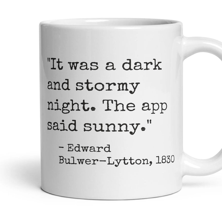 It was a dark and stormy night. The app said sunny. mug, 11oz white ceramic, handle right