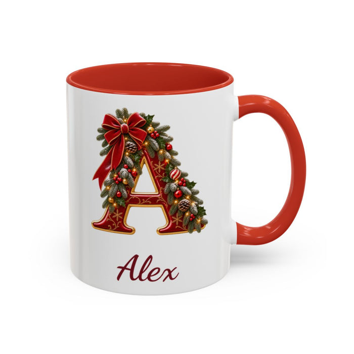 Personalised Christmas Garland Monogram Mug mug, 11oz white ceramic, red handle and interior, handle right