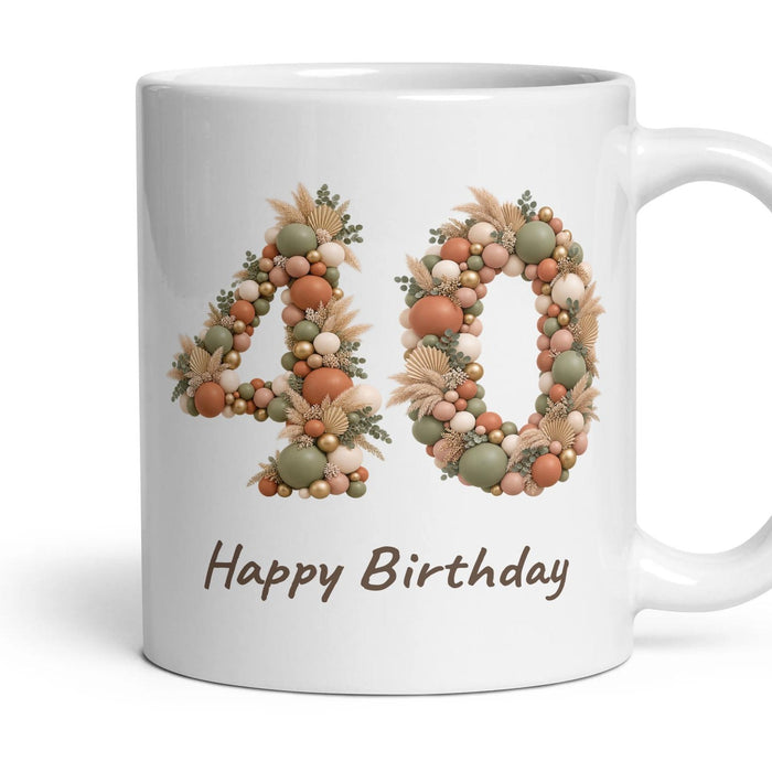 Boho Sage Balloon Birthday Mug mug, 11oz white ceramic, 40th, handle right
