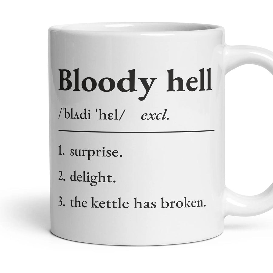 Bloody hell mug, 11oz white ceramic, handle right