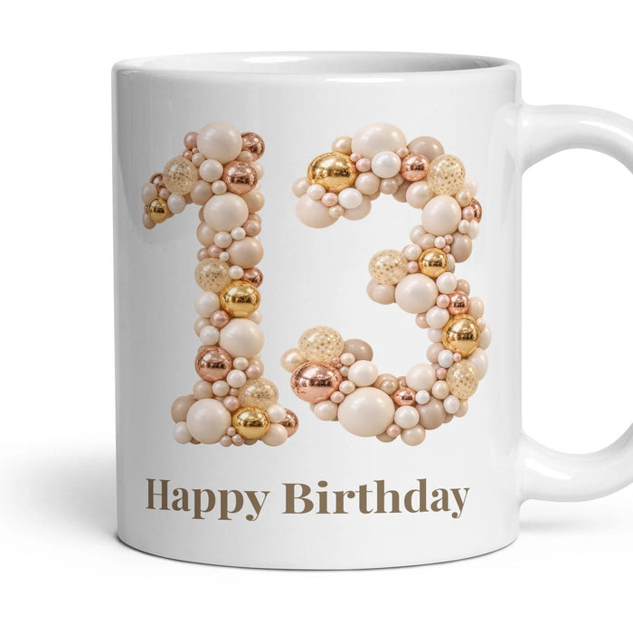 Chrome & Ivory Balloon Birthday Mug mug, 11oz white ceramic, 13th, handle right