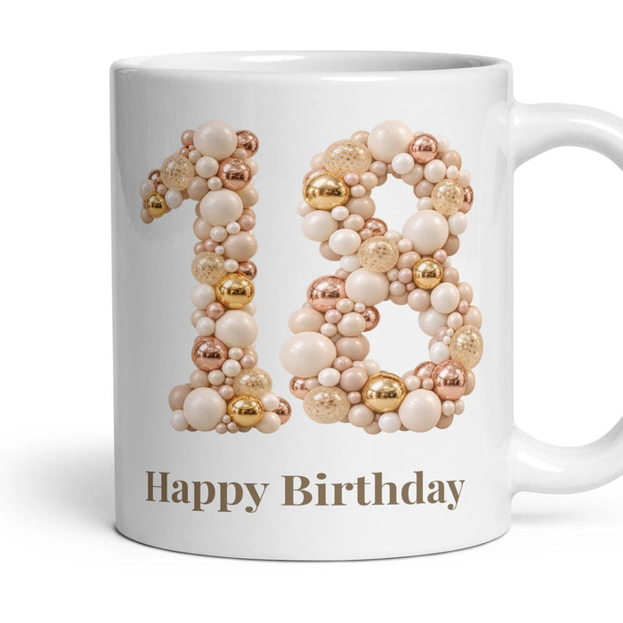 Chrome & Ivory Balloon Birthday Mug mug, 11oz white ceramic, 18th, handle right