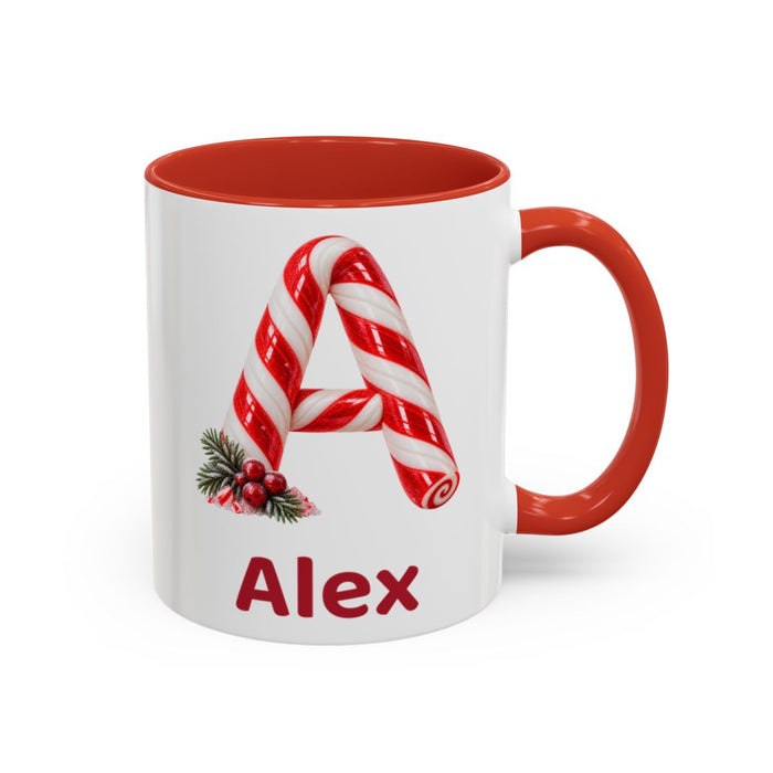 Personalised Candy Cane Monogram Mug mug, 11oz white ceramic, red handle and interior, handle right