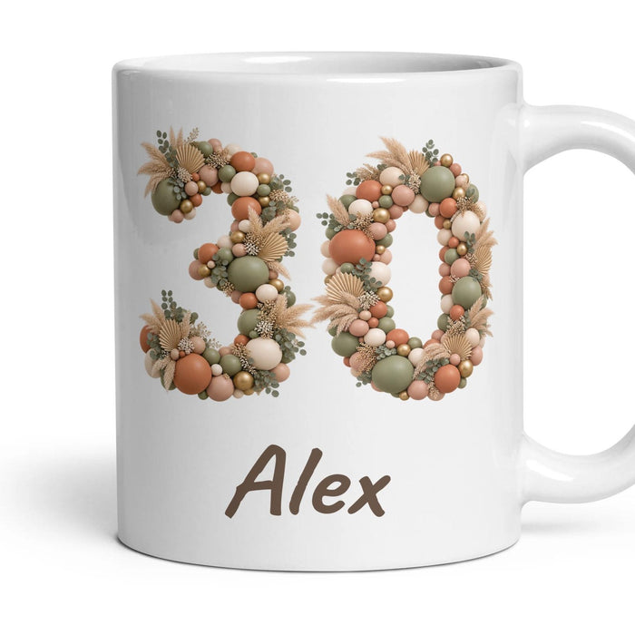 Personalised 30th Birthday Balloon Mug mug, 11oz white ceramic, Boho Sage & Terracotta, handle right