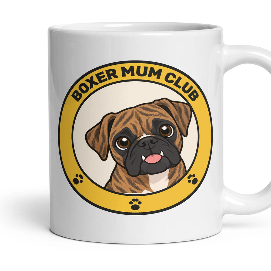 Boxer Mum Club mug, 11oz white ceramic, Brindle, handle right