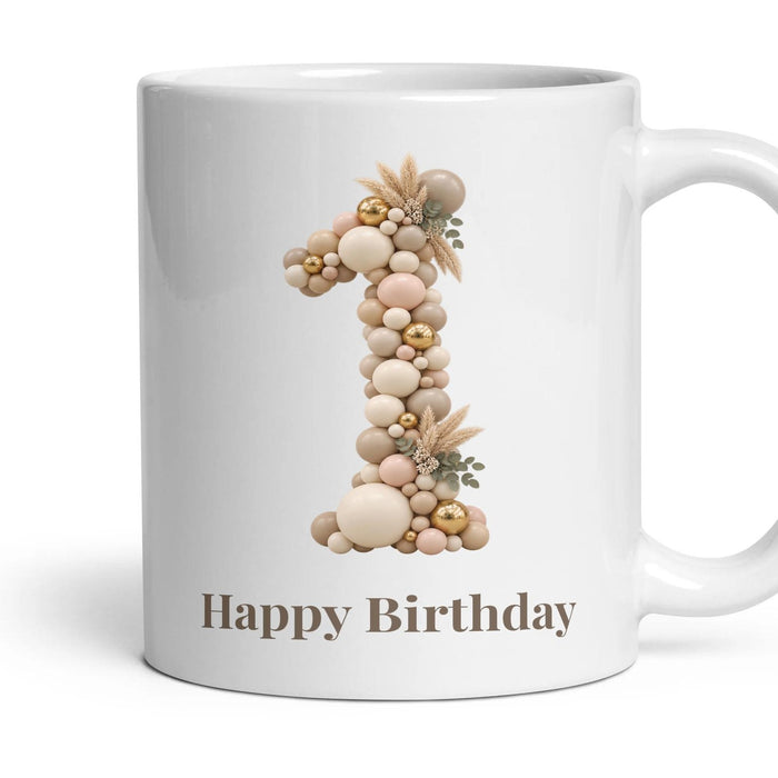 Neutral Garland Balloon Birthday Mug mug, 11oz white ceramic, 1st, handle right