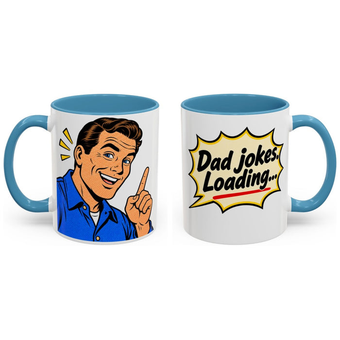 Dad jokes. Loading... mug, 11oz white ceramic, light blue handle and interior, handle right