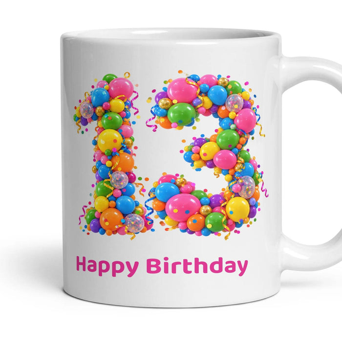 Party Balloon Birthday Mug mug, 11oz white ceramic, 13th, handle right