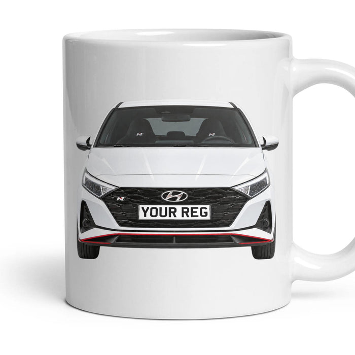 Hyundai i20 N Personalised Number Plate Mug - Polar White - Front & Rear mug, 11oz white ceramic, Polar White, handle right