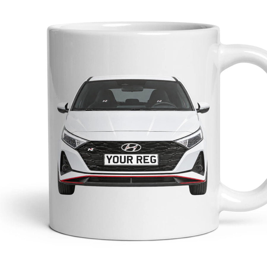 Hyundai i20 N Personalised Number Plate Mug - Polar White - Front & Rear mug, 11oz white ceramic, Polar White, handle right