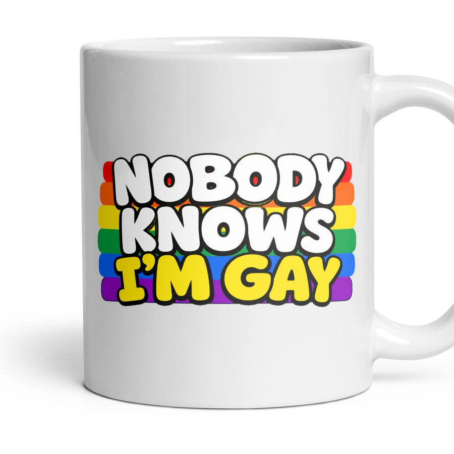 NOBODY KNOWS I'M GAY mug, 11oz white ceramic, handle right