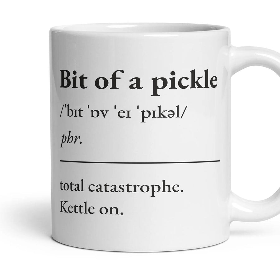 Bit of a pickle mug, 11oz white ceramic, handle right
