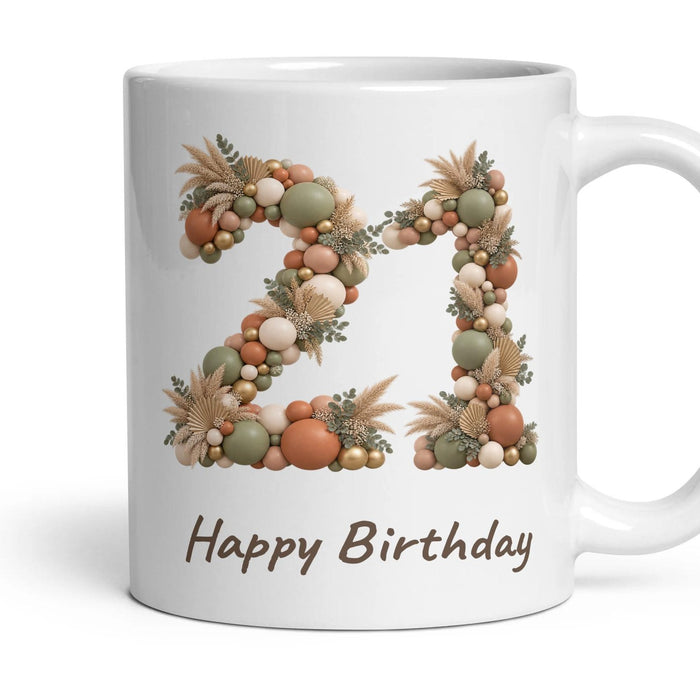 Boho Sage Balloon Birthday Mug mug, 11oz white ceramic, 21st, handle right