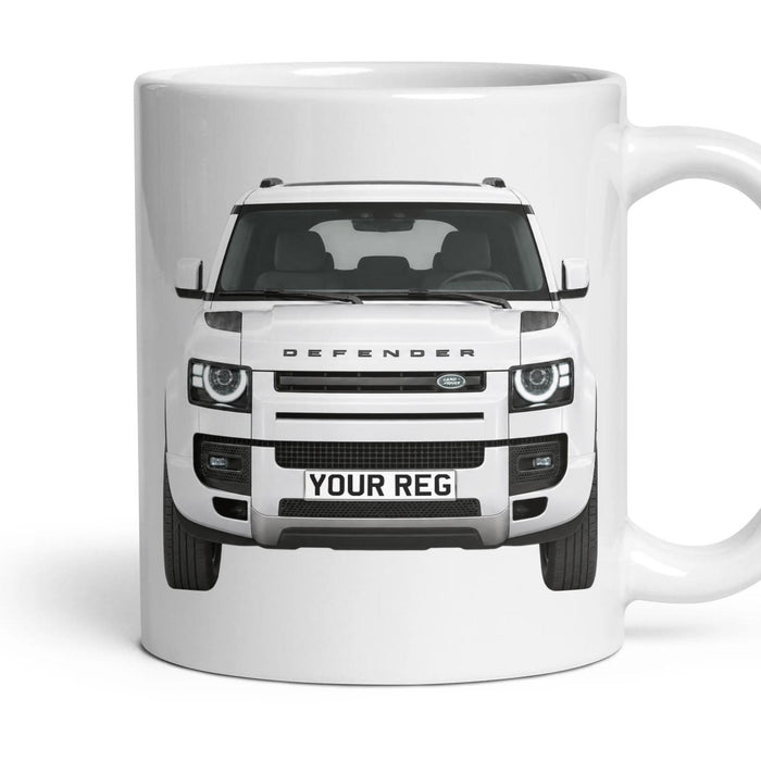 Land Rover Defender Personalised Number Plate Mug - Fuji White - Front & Rear mug, 11oz white ceramic, Fuji White, handle right
