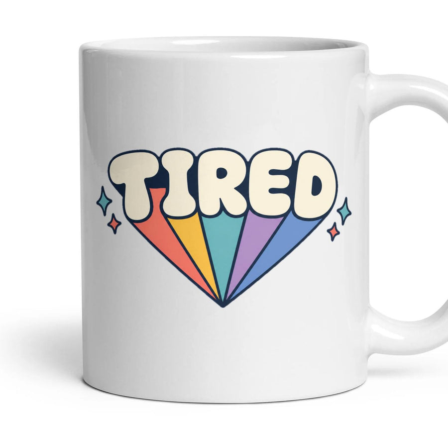 TIRED mug, 11oz white ceramic, handle right
