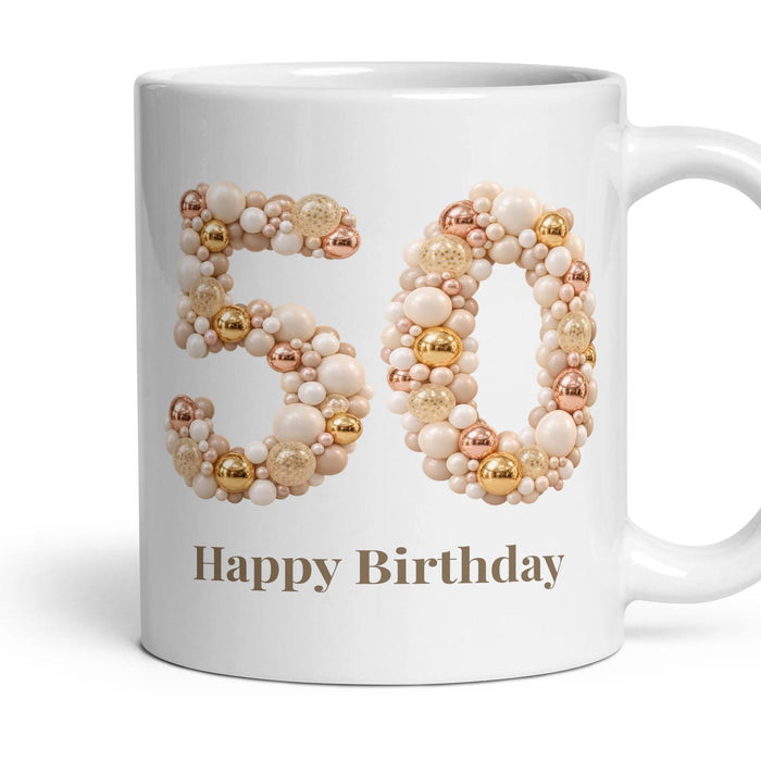 Chrome & Ivory Balloon Birthday Mug mug, 11oz white ceramic, 50th, handle right