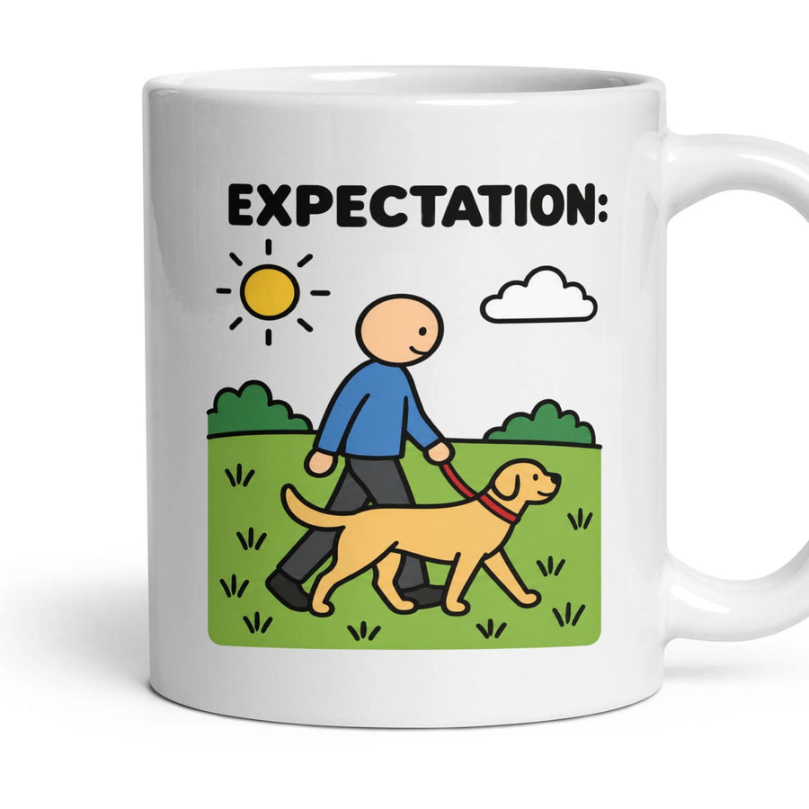 The Dog Walk mug, 11oz white ceramic, handle right