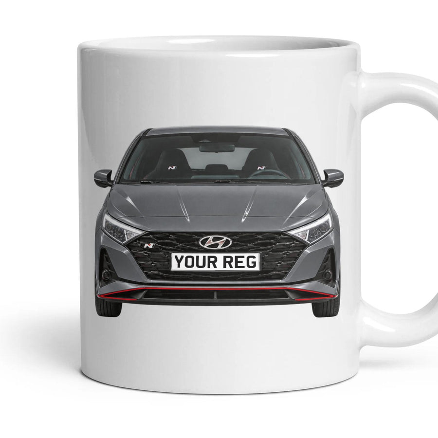 Hyundai i20 N Personalised Number Plate Mug - Titan Grey - Front & Rear mug, 11oz white ceramic, Titan Grey, handle right