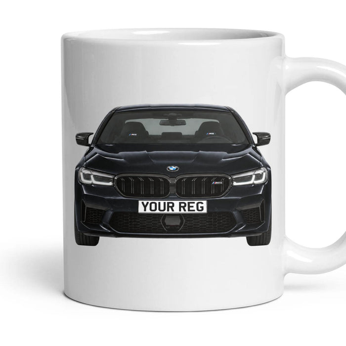 BMW M5 Competition Personalised Number Plate Mug - Sapphire Black - Front & Rear mug, 11oz white ceramic, Sapphire Black, handle right