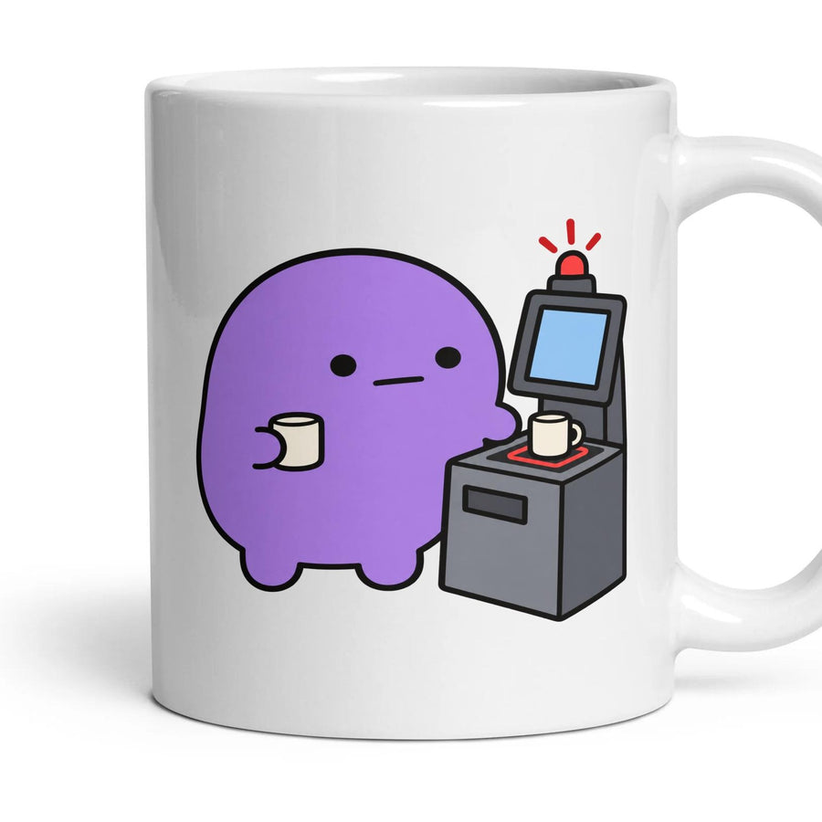 Self Checkout mug, 11oz white ceramic, handle right