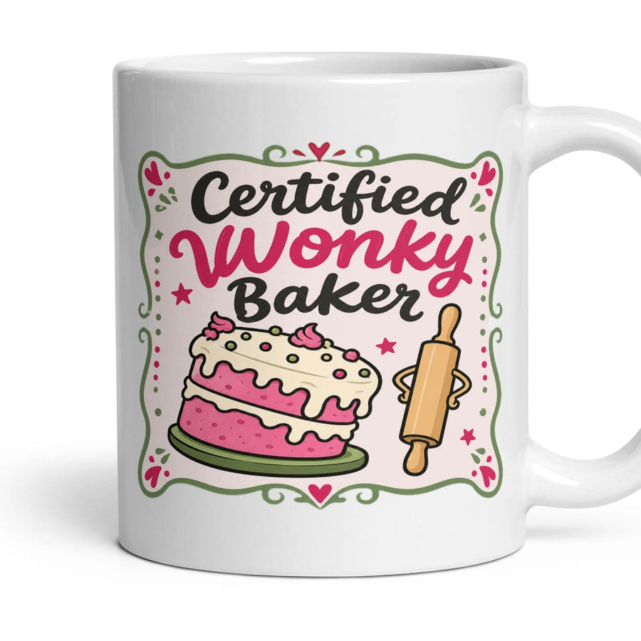 Certified Wonky Baker mug, 11oz white ceramic, handle right
