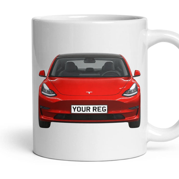Tesla Model 3 Personalised Number Plate Mug - Ultra Red - Front & Rear mug, 11oz white ceramic, Ultra Red, handle right