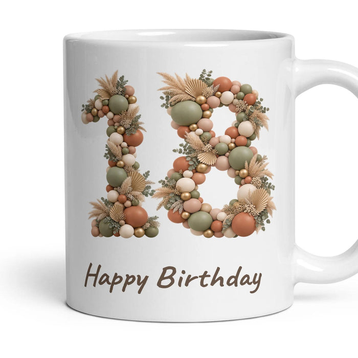 Boho Sage Balloon Birthday Mug mug, 11oz white ceramic, 18th, handle right