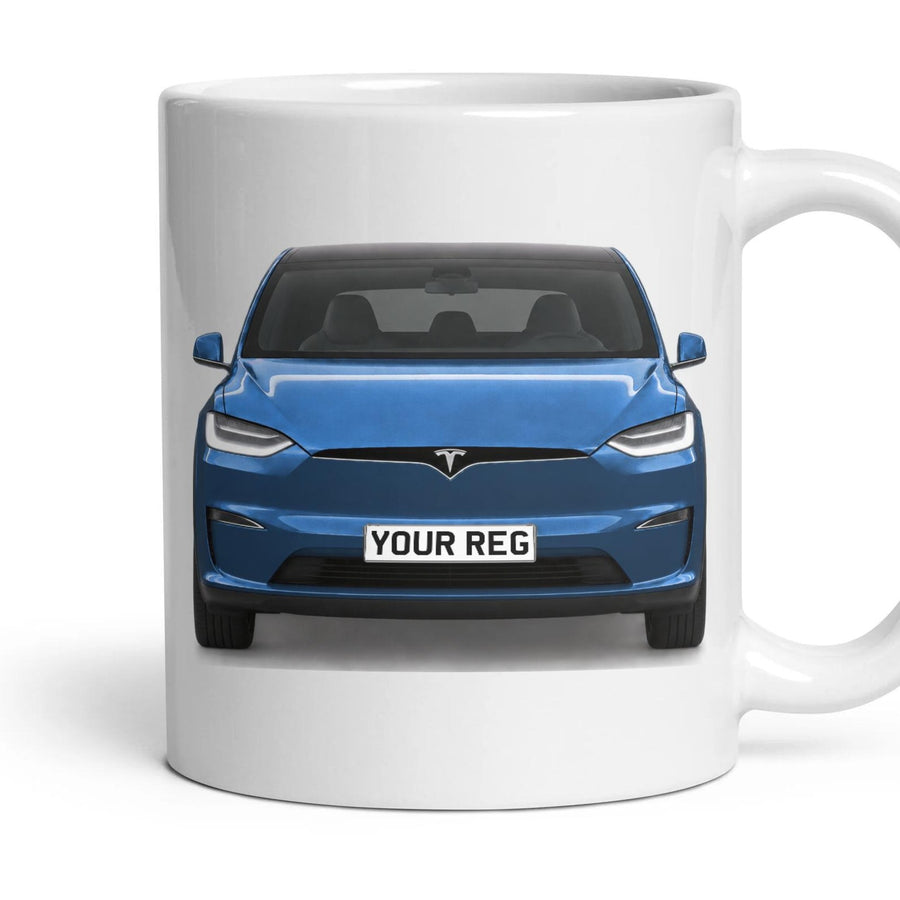 Tesla Model X Personalised Number Plate Mug - Deep Blue Metallic - Front & Rear mug, 11oz white ceramic, Deep Blue Metallic, handle right
