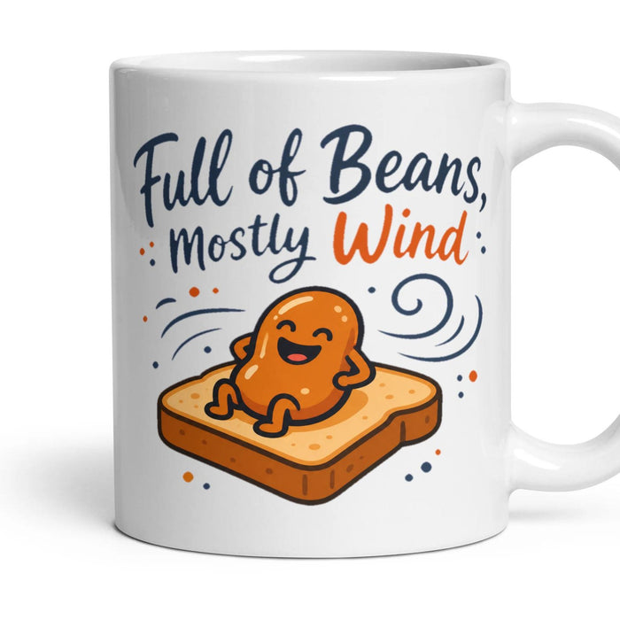 Full of Beans, Mostly Wind mug, 11oz white ceramic, handle right