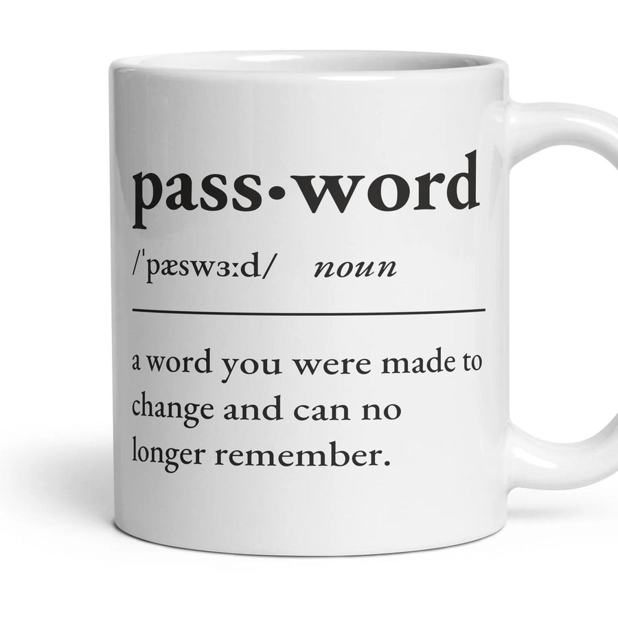 Password mug, 11oz white ceramic, handle right