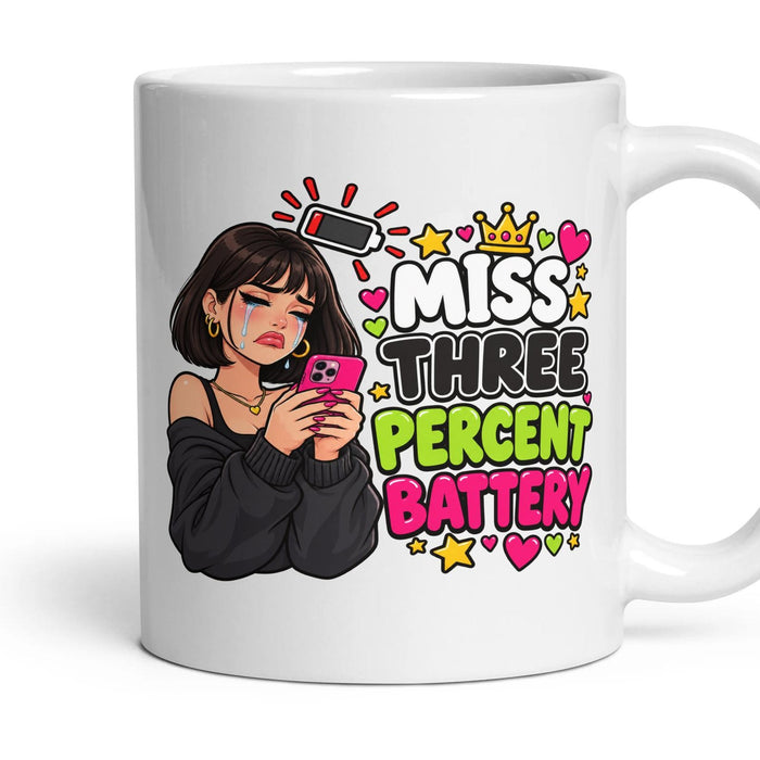Miss Three Percent Battery mug, 11oz white ceramic, handle right