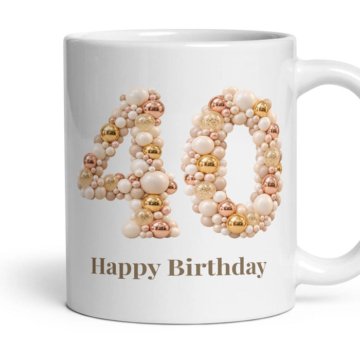 Chrome & Ivory Balloon Birthday Mug mug, 11oz white ceramic, 40th, handle right