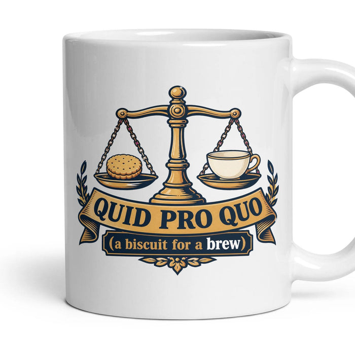 QUID PRO QUO (a biscuit for a brew) mug, 11oz white ceramic, handle right