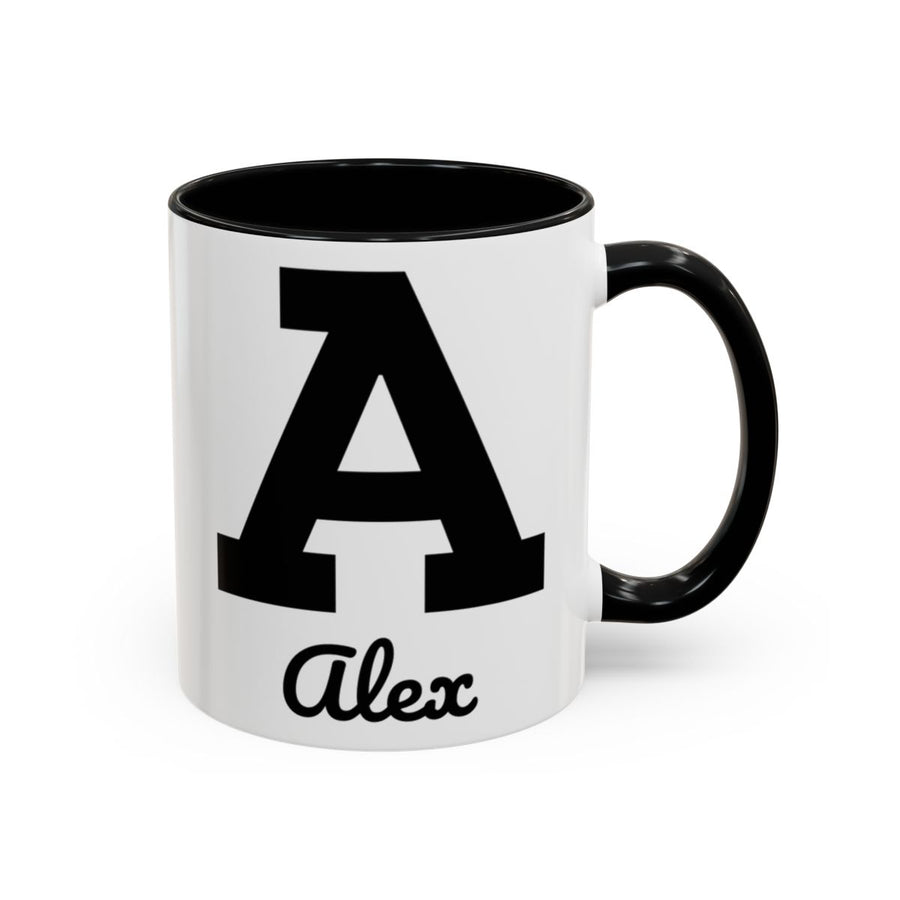 Personalised Initial Mug — Black Accent (L4S4) mug, 11oz white ceramic, black handle and interior, Black, handle right