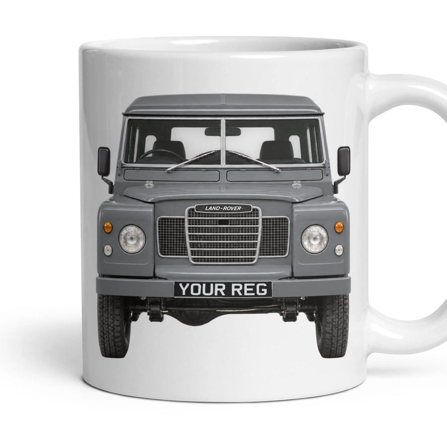 Land Rover Series III Personalised Number Plate Mug - Mid Grey - Front & Rear mug, 11oz white ceramic, Mid Grey, handle right