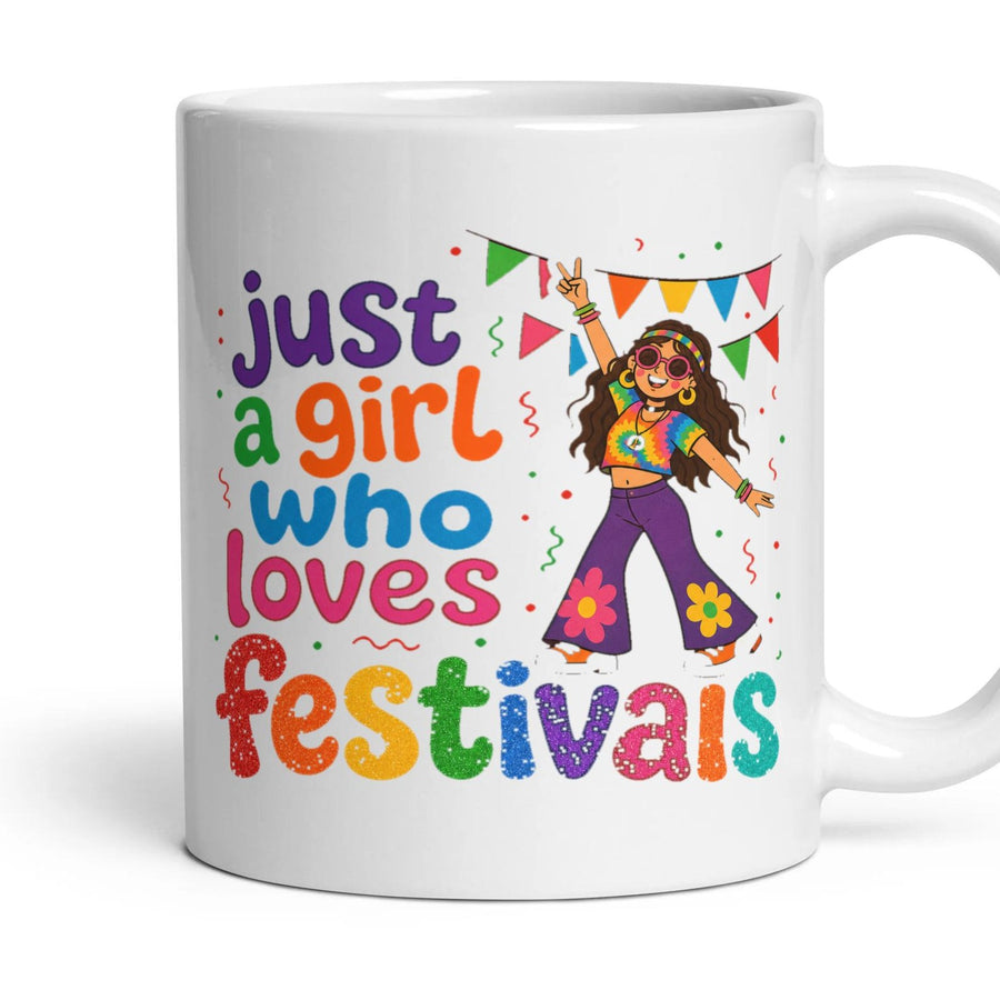 just a girl who loves festivals mug, 11oz white ceramic, handle right